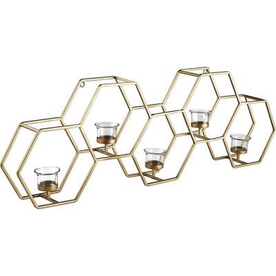 Modern Metal Wall Mounted Hexagon Tealight Candle Holder Decor - 11.5"H, Gold