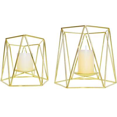 Large Rose Gold Metal Pillar Candle Holders Set of 2, 4.7/6.2 inches Height, Geometric Elegant Tealight Holders