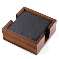 Black 4pcs slate square coaster set with dark color wooden holder